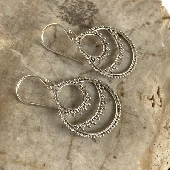 Sterling Silver 925 ATI ID 1.5" Round Bali Bead Style Dangle Earrings - Picture 12 of 16